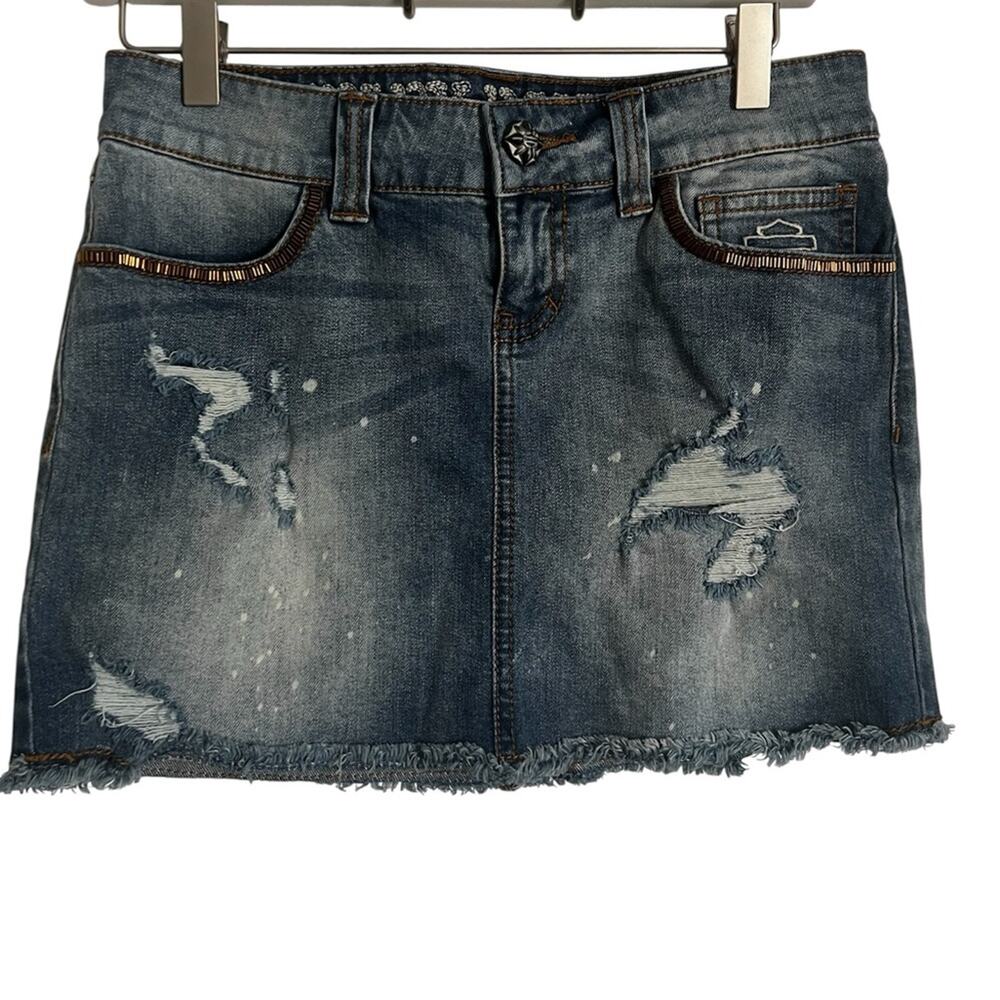 Harley-Davidson y2k denim distressed mini skirt embellished cutoff size 4